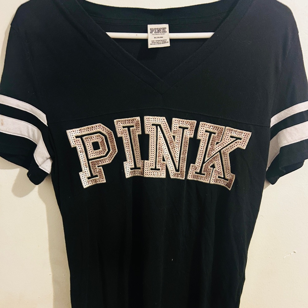PINK Black V-Neck Logo Tee with White Sleeve Stripes size medium